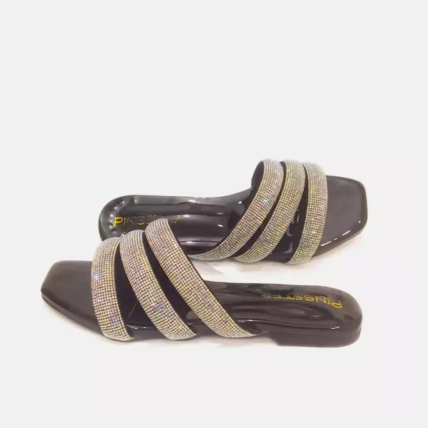 10356 Women TRINKET Rhinestone Sandals Crystals Party Flat Sandals All-Match Fashion Shoes PinsStep Blackmulti
