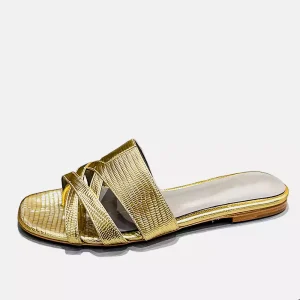 10508 Summer Beach Women Flat Heel Shoes Flip Flops Dress Sandals 'Karli' PinsStep Simple Designer Casual Vacation Shoes Women snake print golden