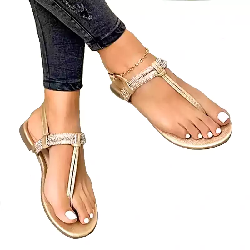 Flat Sandal for Ladies | Arlee | Pinstep 3 Buy Online Flat Sandal for Ladies 'Arlee' Pinstep Comfort Crystal Summer Slippers golden