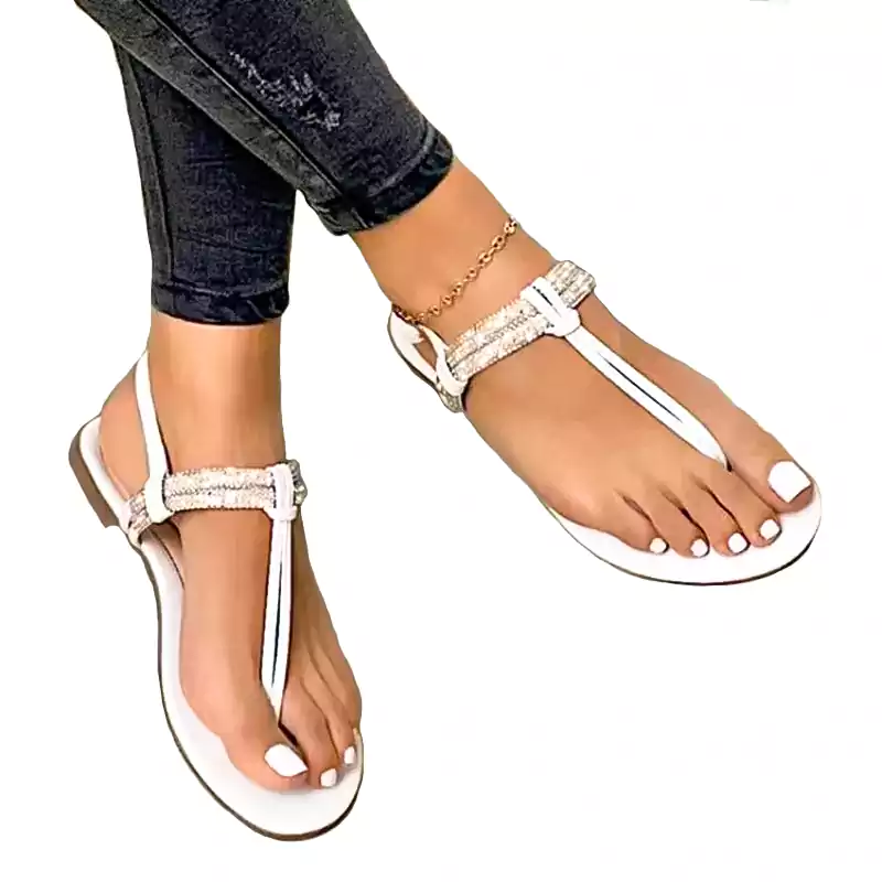 Flat Sandal for Ladies | Arlee | Pinstep 2 Buy Online Flat Sandal for Ladies 'Arlee' Pinstep Comfort Crystal Summer Slippers white