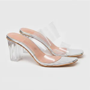 10360 Women Crystal Block Heel transpaent Sandals 'MiuMiu' PinsStep Party All-Match Fashion Shoes SILVER
