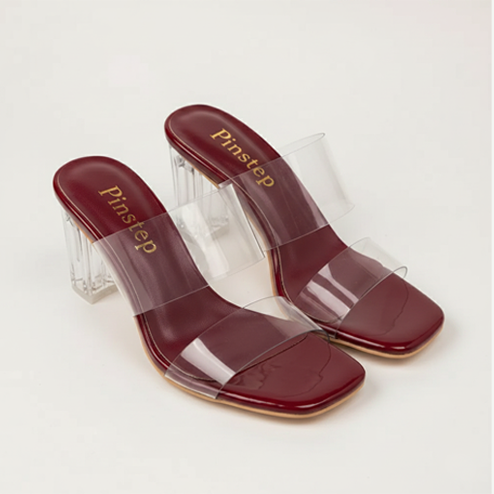 Women PVC Transparent High Heel shoes | Miu Miu | PinsStep 7 10360 Women Crystal Block Heel transpaent Sandals 'MiuMiu' PinsStep Party All-Match Fashion Shoes maroonn