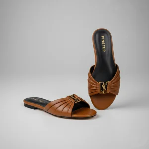 10544 Buy Online Women Fashion Flat Slide Slippers 'Raffia' Pintstep YSL flat Female shoes Mustard