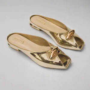 10556 Buy Online Women Flat heel Slide Slippers 'GAZAL' Pinstep Fish Toe Female shoes gold