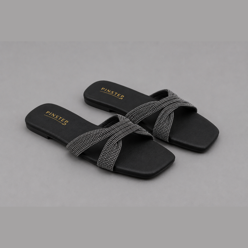 Big Sizes Women Flat Slide Slipper 'VELA' Pinstep 2 10568 Buy Online Women Flat Slide Slipper 'VELA' Pinstep Trendy Luxury female shoes black