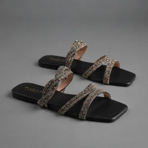 10572 Buy Online Women Flat Slide Slipper 'EVORA' Pinstep Trendy Luxury female shoes black