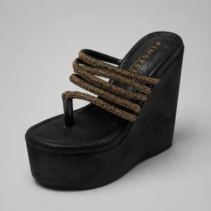 10574 Buy Online Women wedge sandals 'VIVA' Pinstep 5 inches height wedges Luxury female shoes black