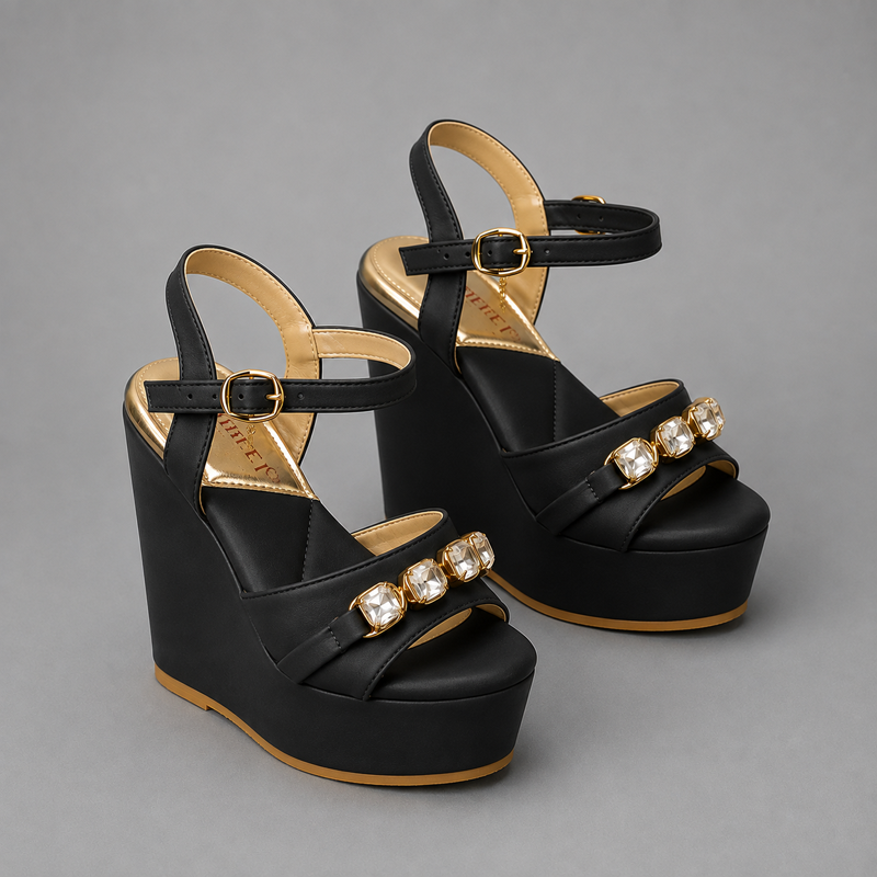 Women wedge sandals | SELENE | Pinstep 2 10575 Buy Online Women wedge sandals 'SELENE' Pinstep 5 inches height wedges Luxury female shoes black